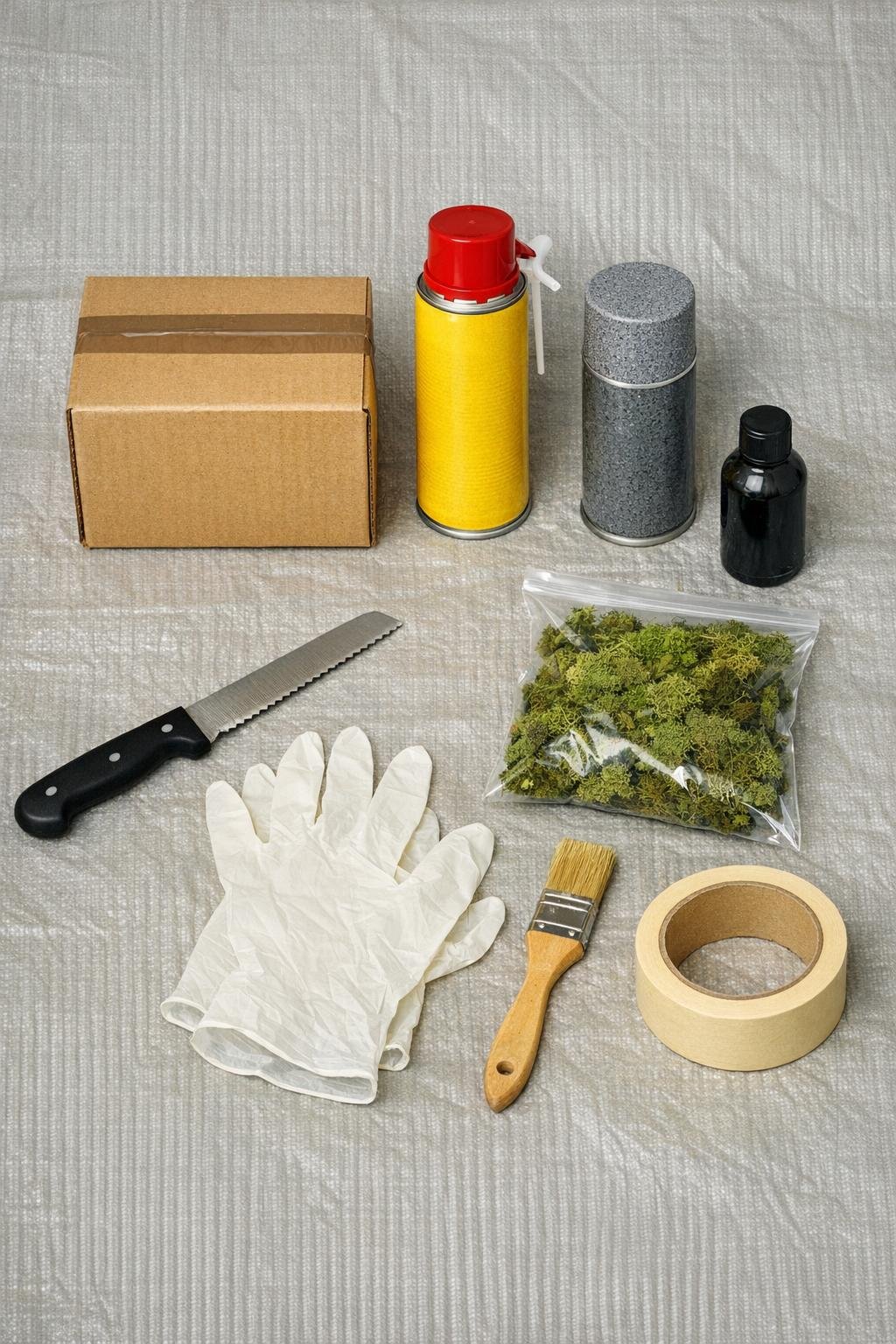 Materials laid out for a foam tombstone project