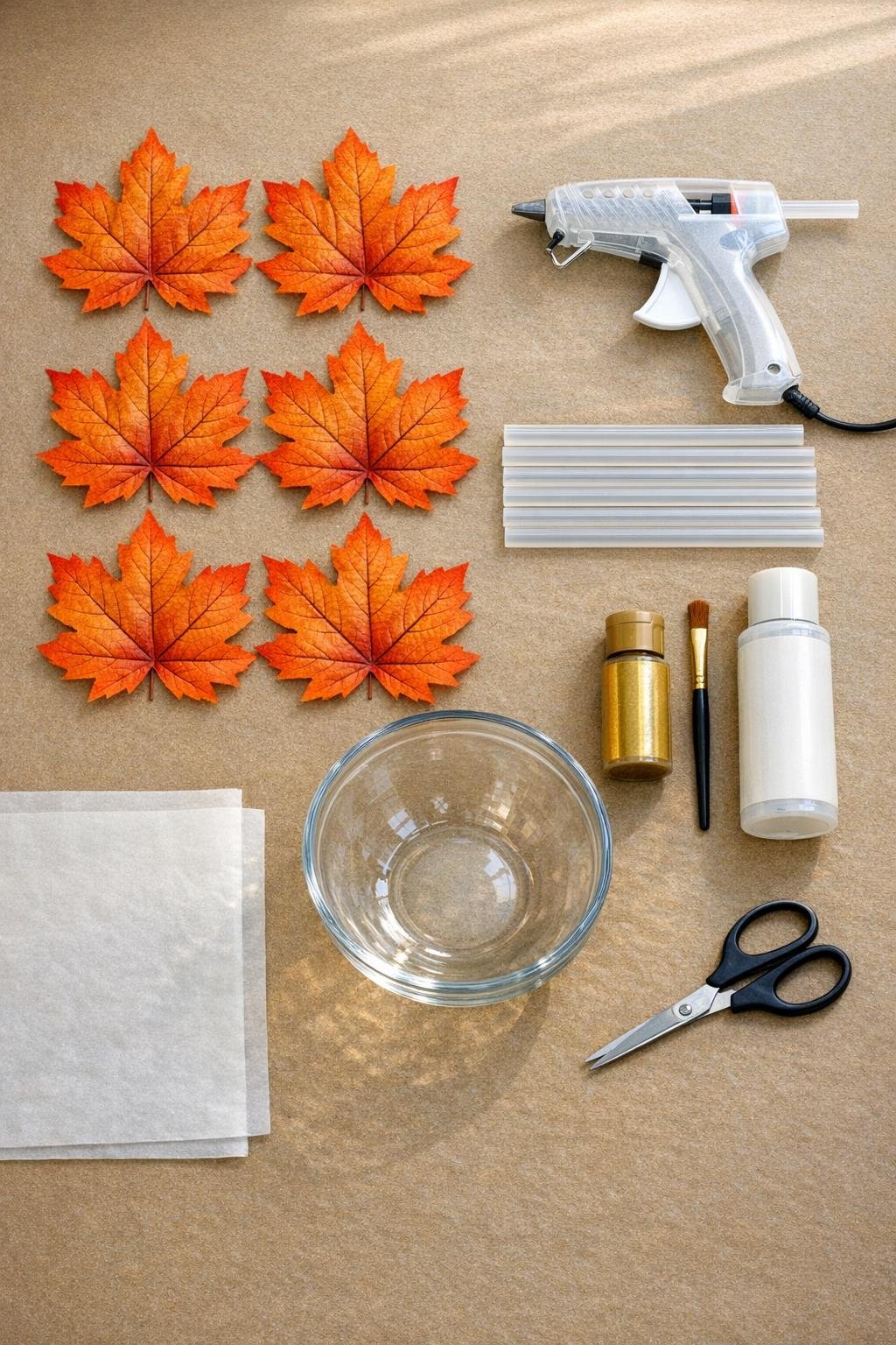 Materials for glue gun maple leaf bowls laid out on a craft table