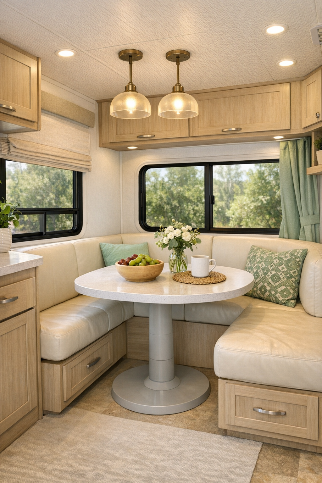 Compact RV dining nook with rounded pedestal table and cream banquette seating
