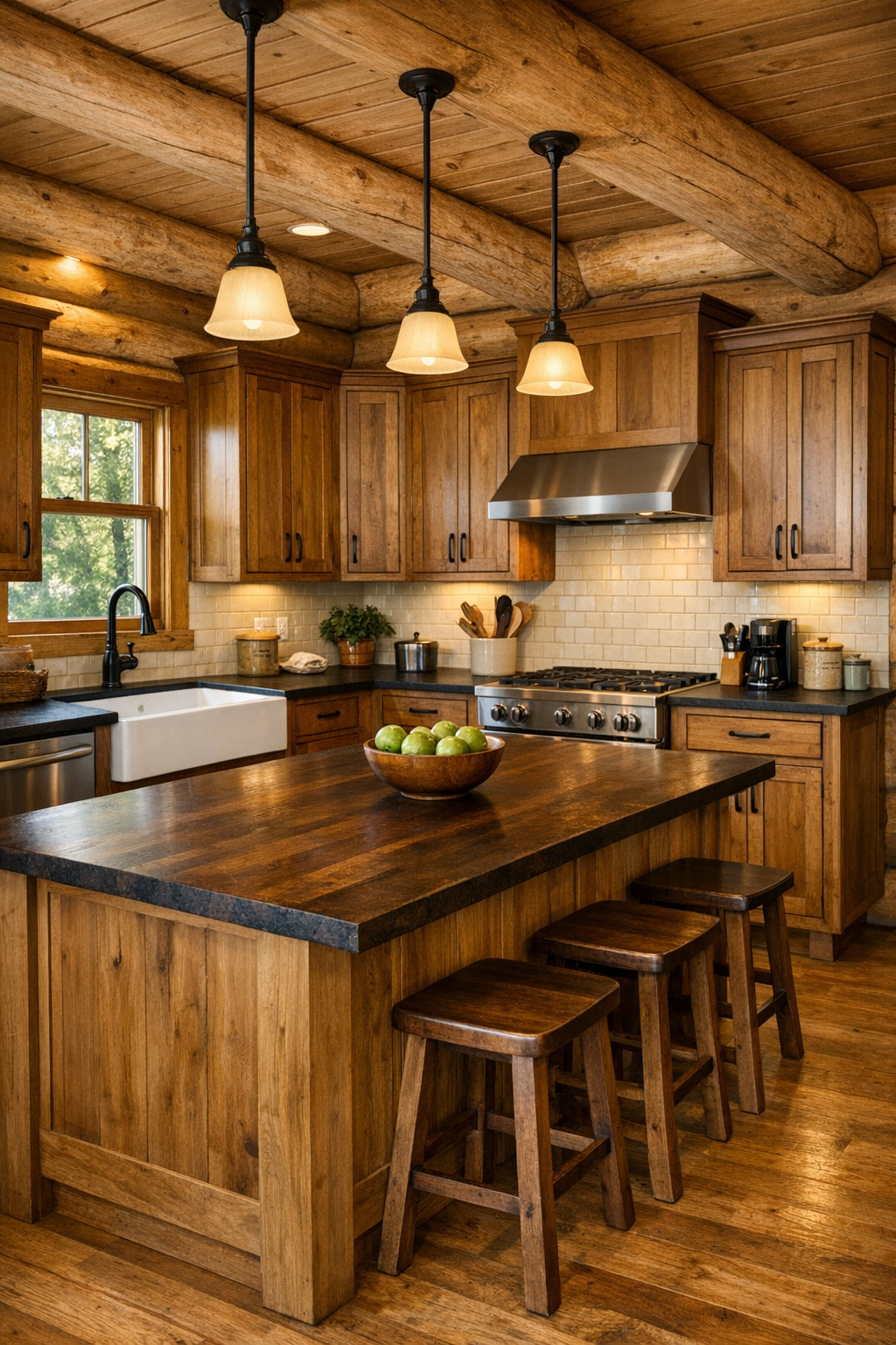 Craftsman kitchen with custom Amish cabinets, central island, and farmhouse sink