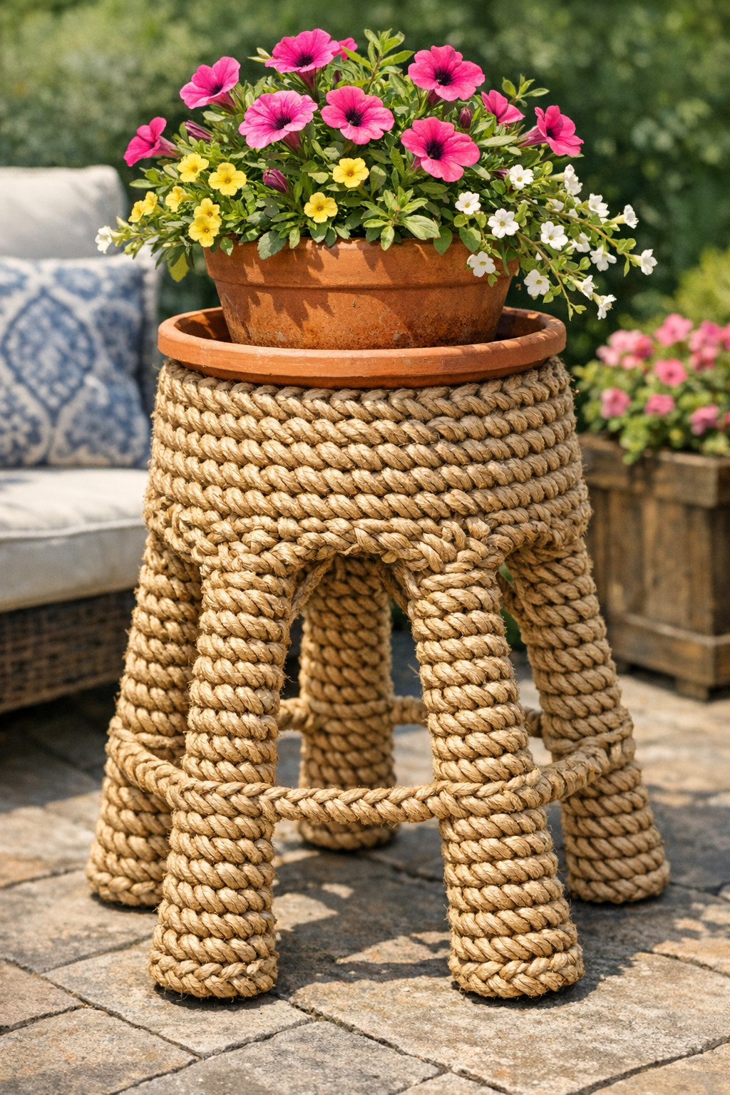 Finished sisal rope crocheted plant stand with terracotta saucer and potted plant