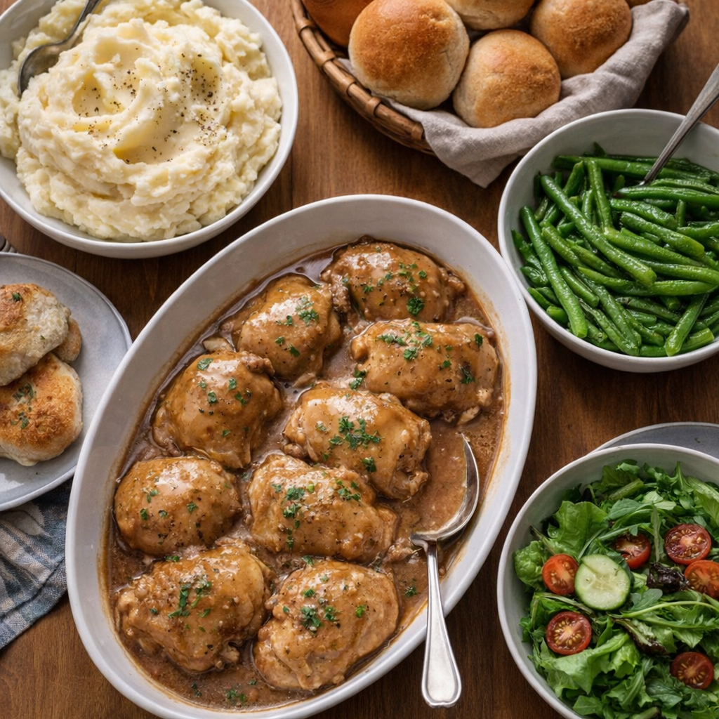 Weeknight dinner spread with smothered chicken and easy sides