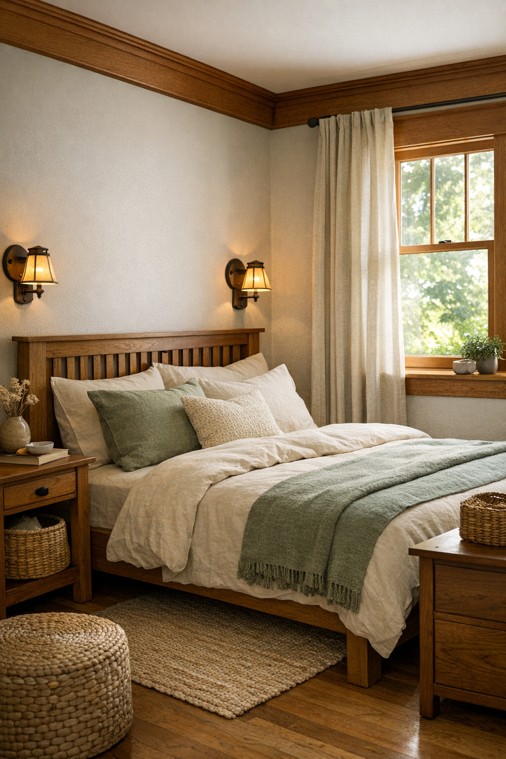 Calm small bedroom with layered neutral bedding, sage accents, and warm wood details