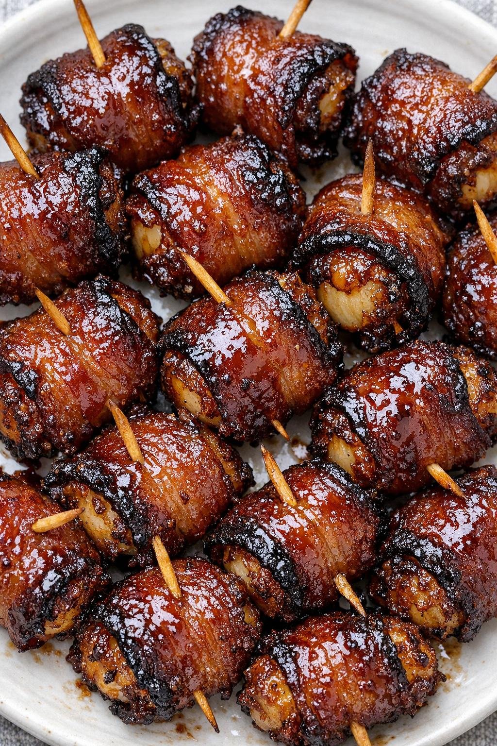 Southern 3-ingredient bacon wrapped water chestnuts on a white plate