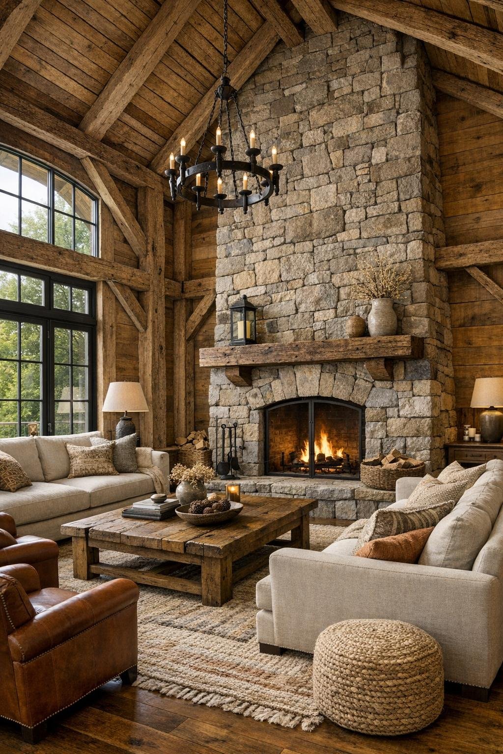 Rustic living room with exposed log beams, stone fireplace, and soft neutral seating