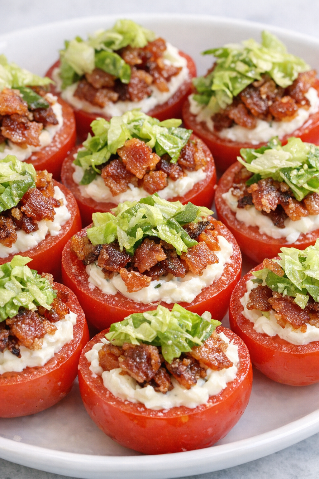 Low carb BLT tomato bites on a white plate