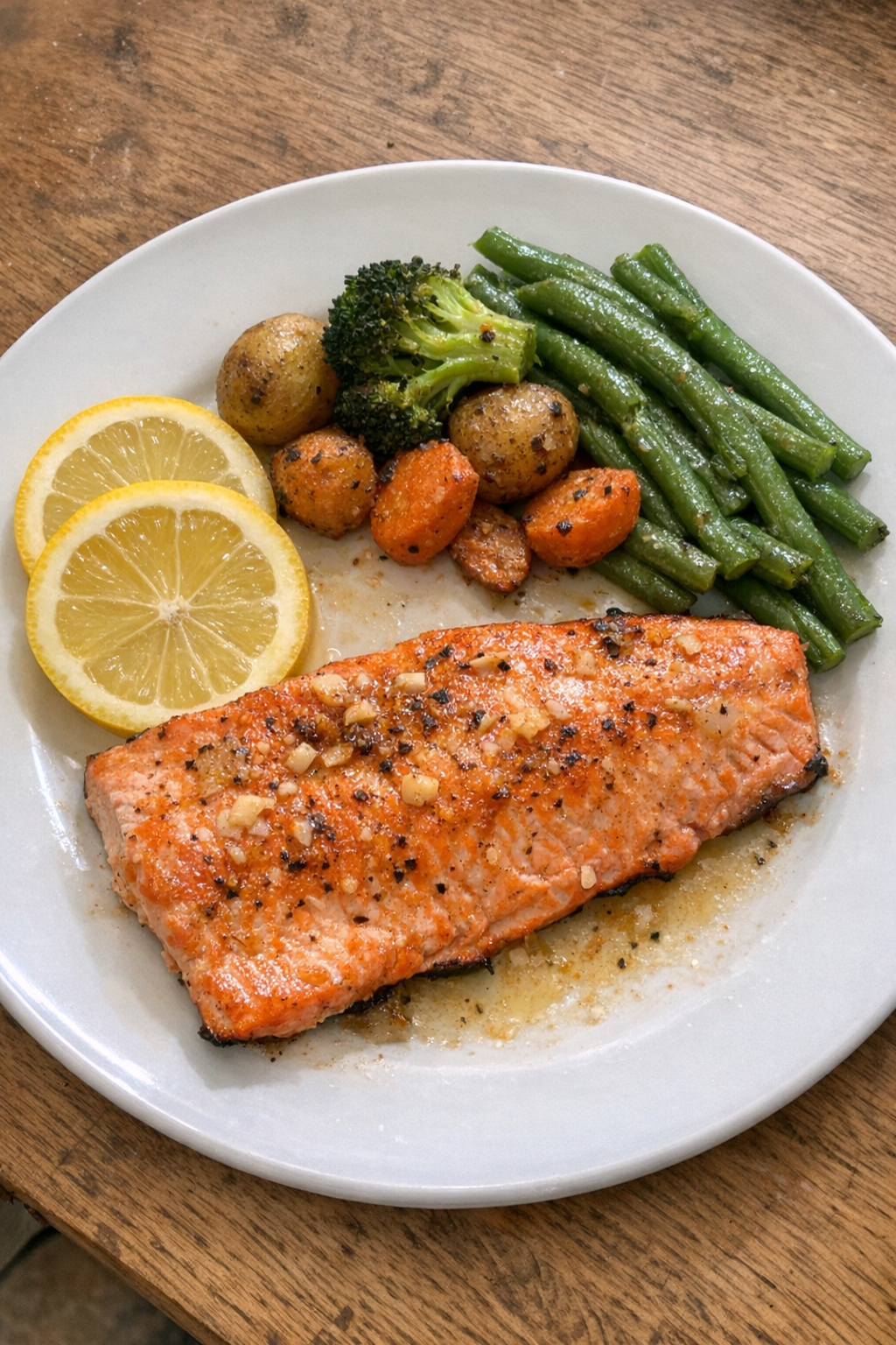 Finished baked coho salmon plated for serving