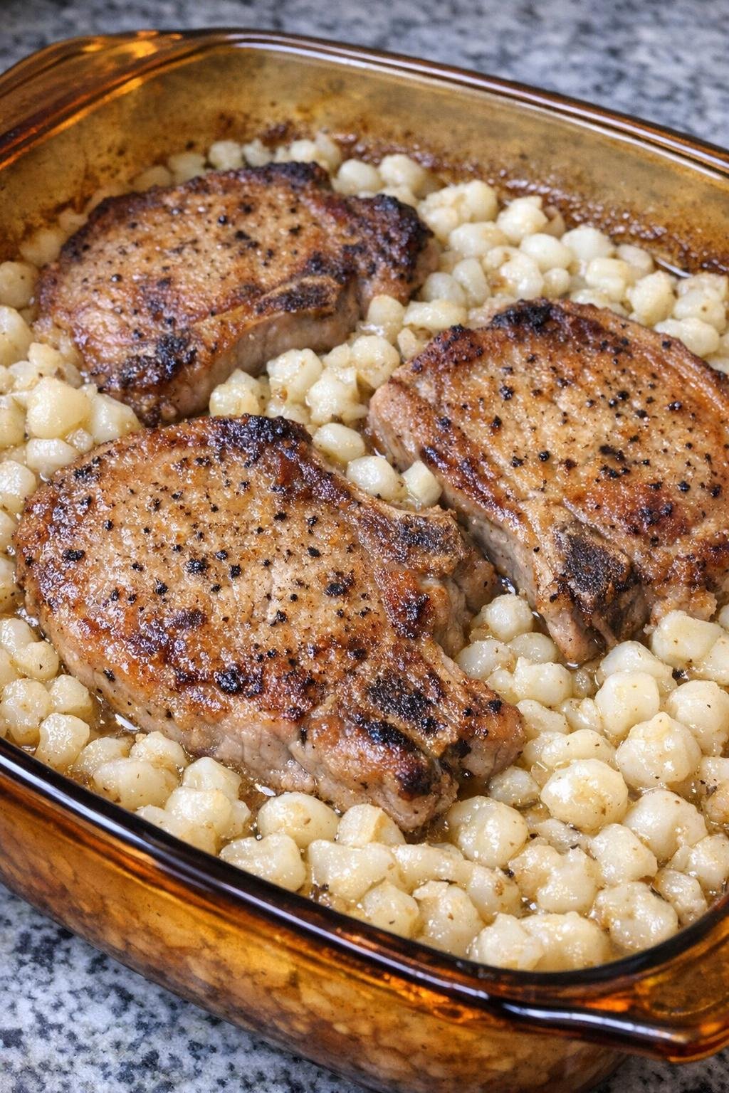 Golden browned pork chops with white hominy in a vintage amber casserole dish