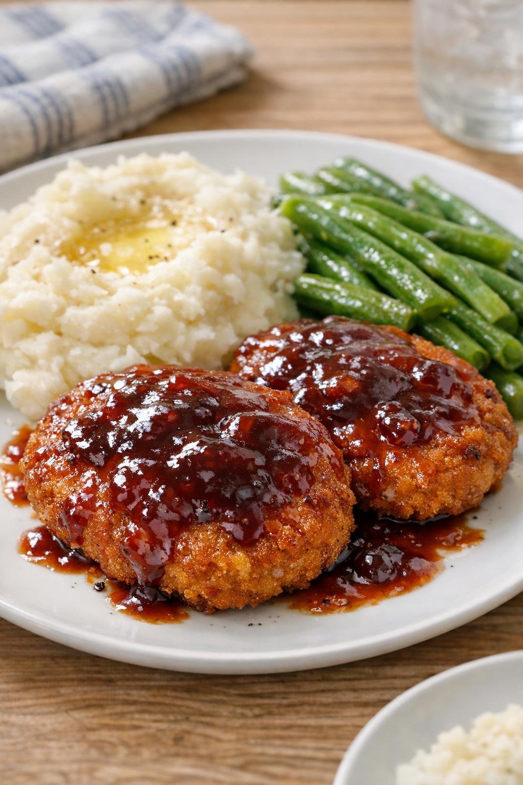 Plated campfire chicken with glossy red glaze and classic sides