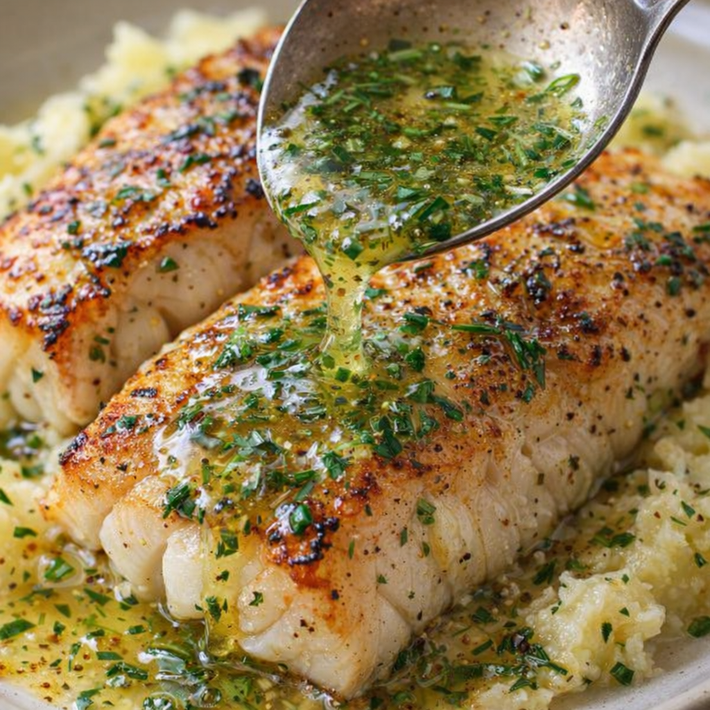 Herb butter sauce being spooned over cod