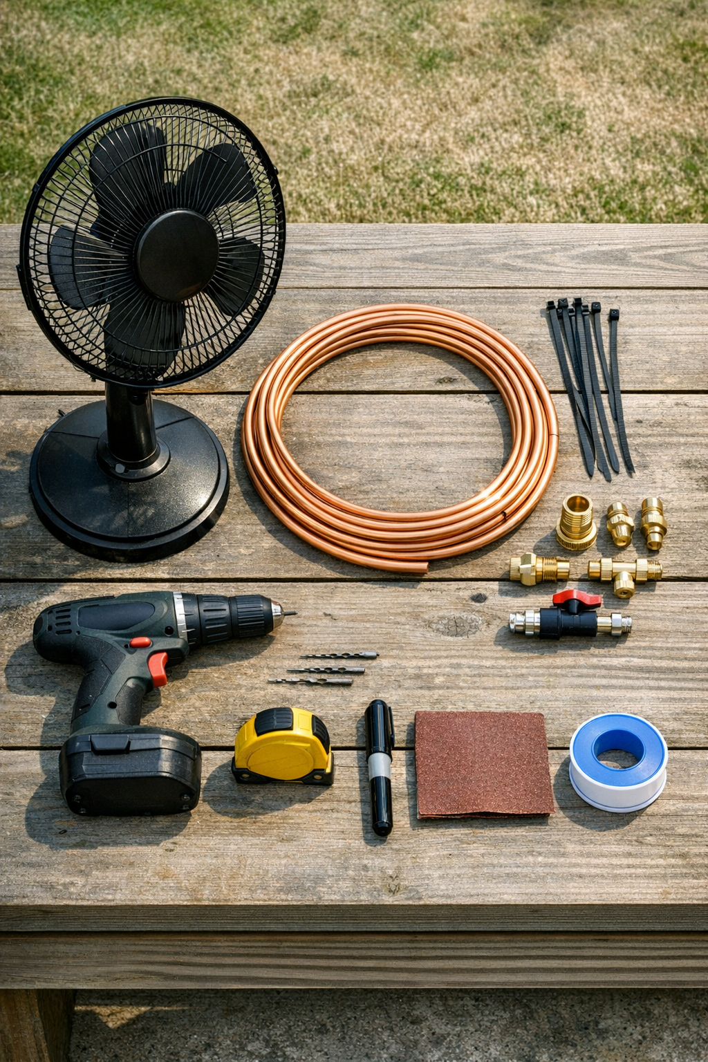 Materials for a copper misting ring fan project laid out on a workbench