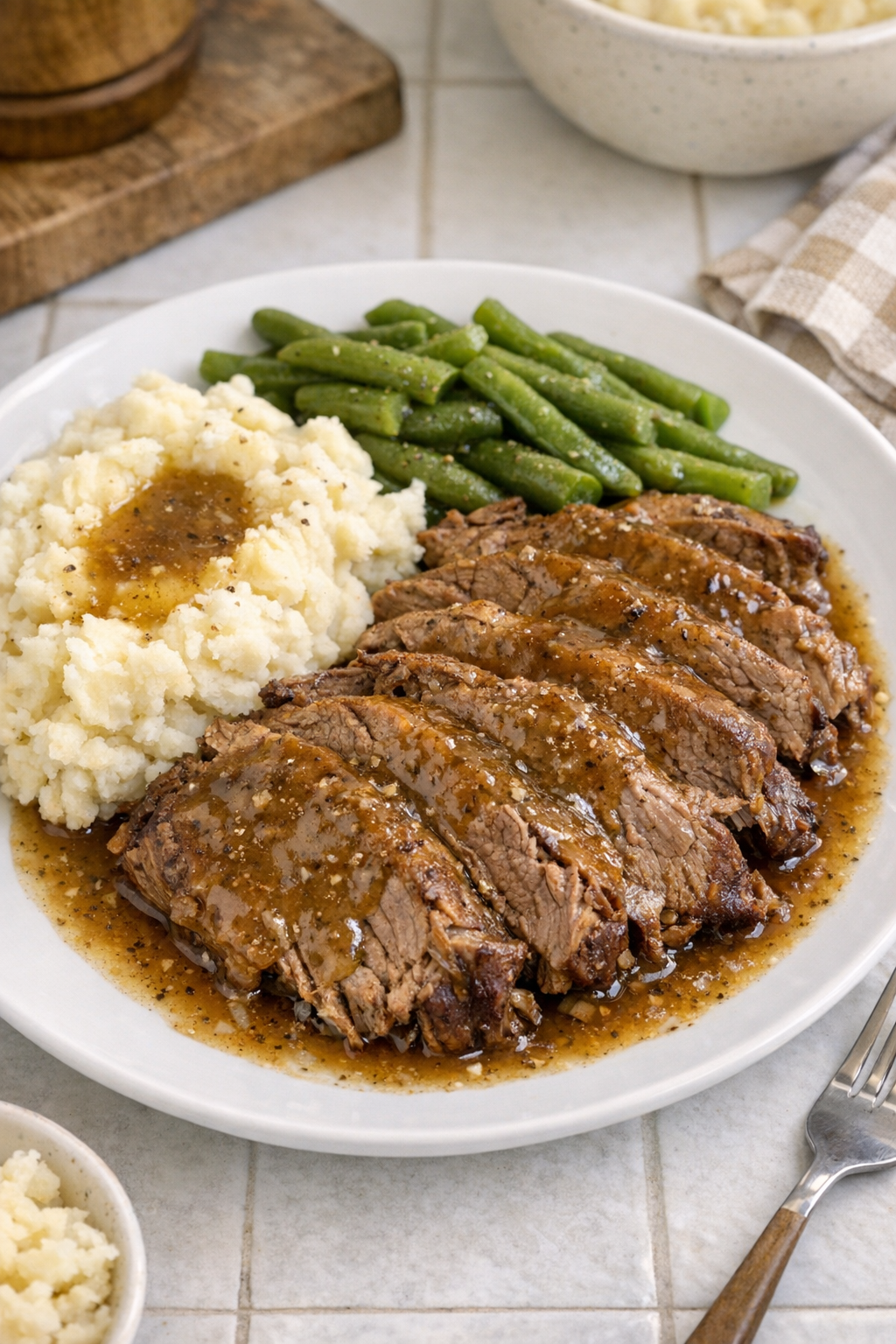 Finished plated Amish celery seed beef with gravy