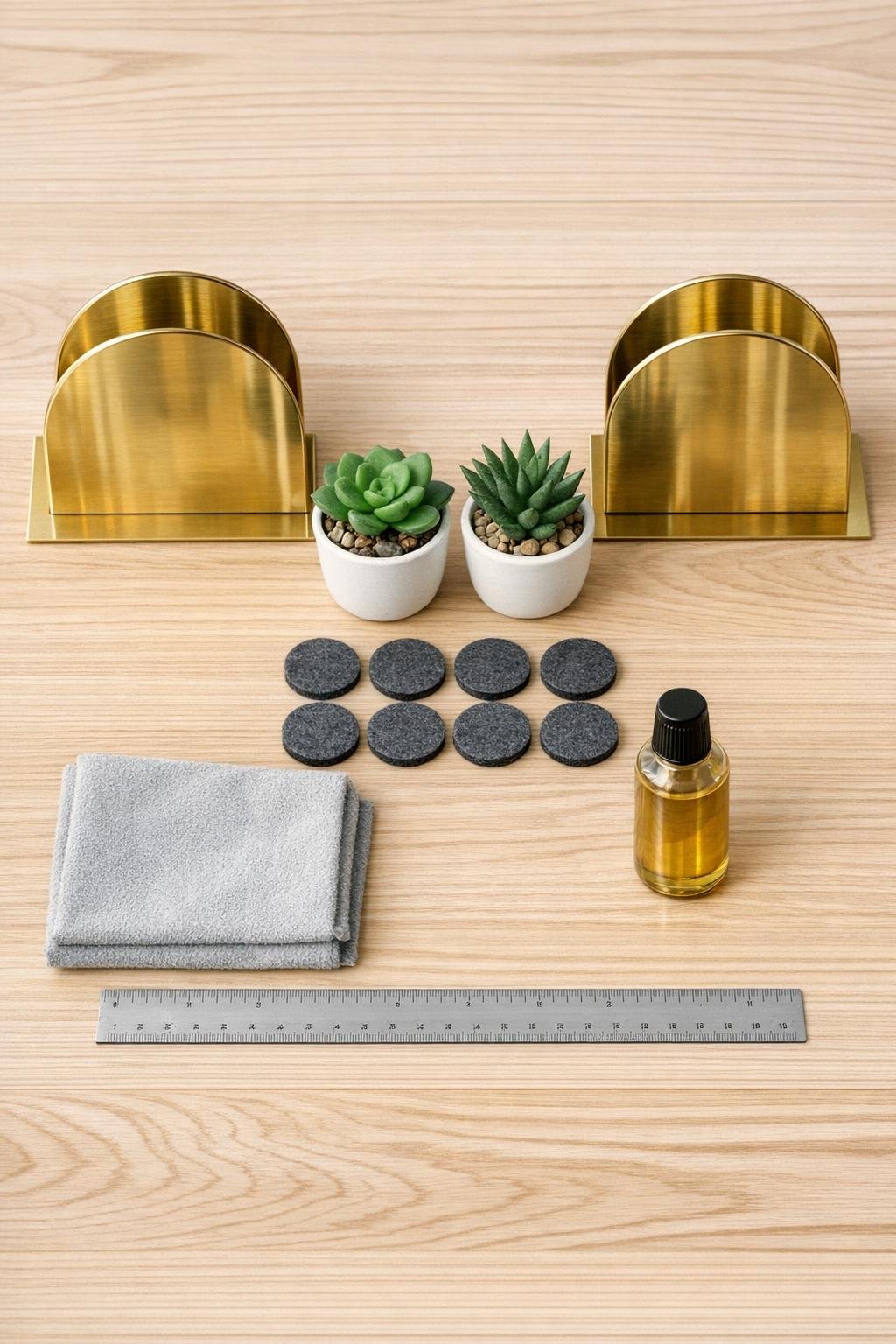 Materials for a brass magazine holder bookend planter laid out on a table
