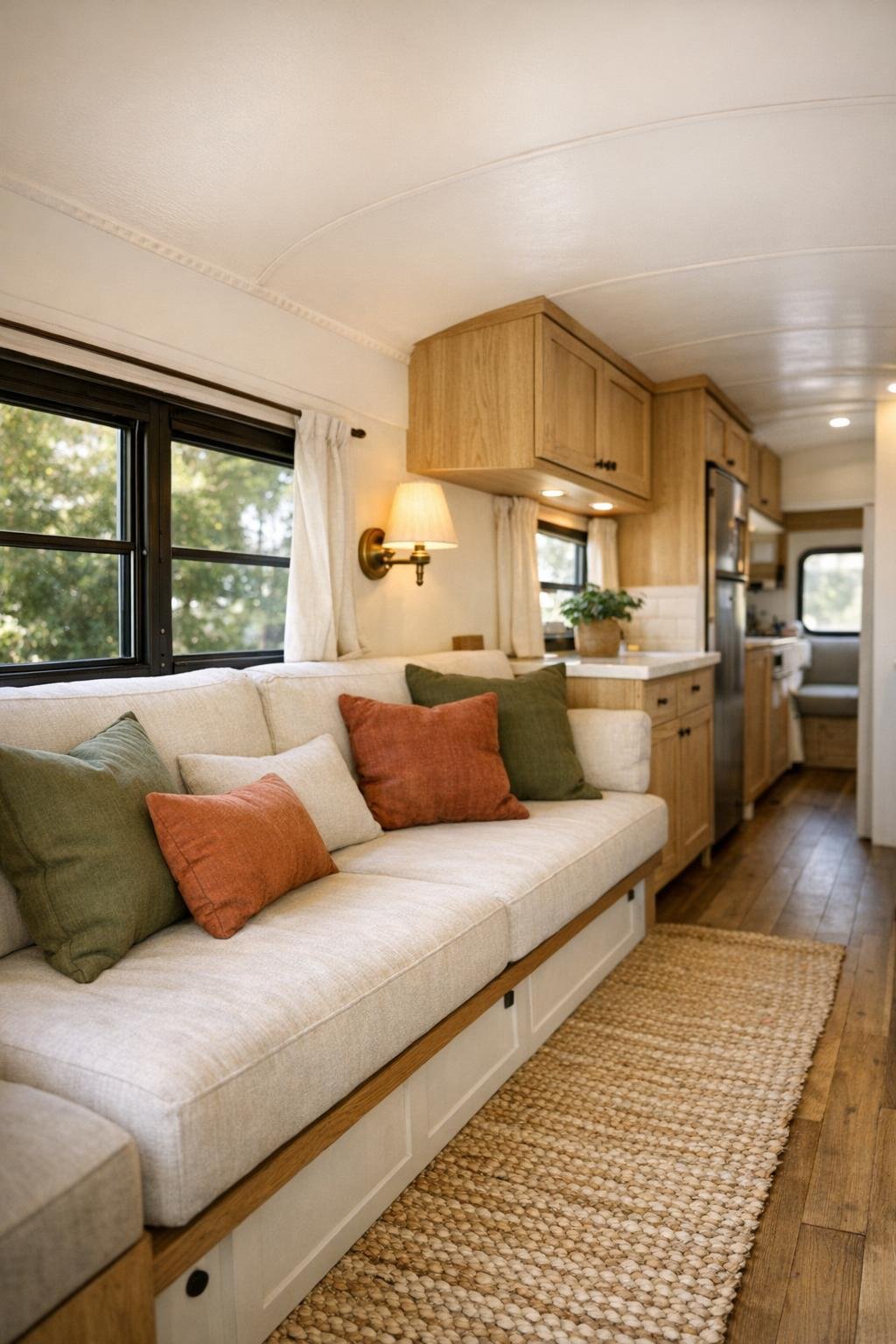 Warm living area inside the converted bus with built-in bench seating and oak finishes