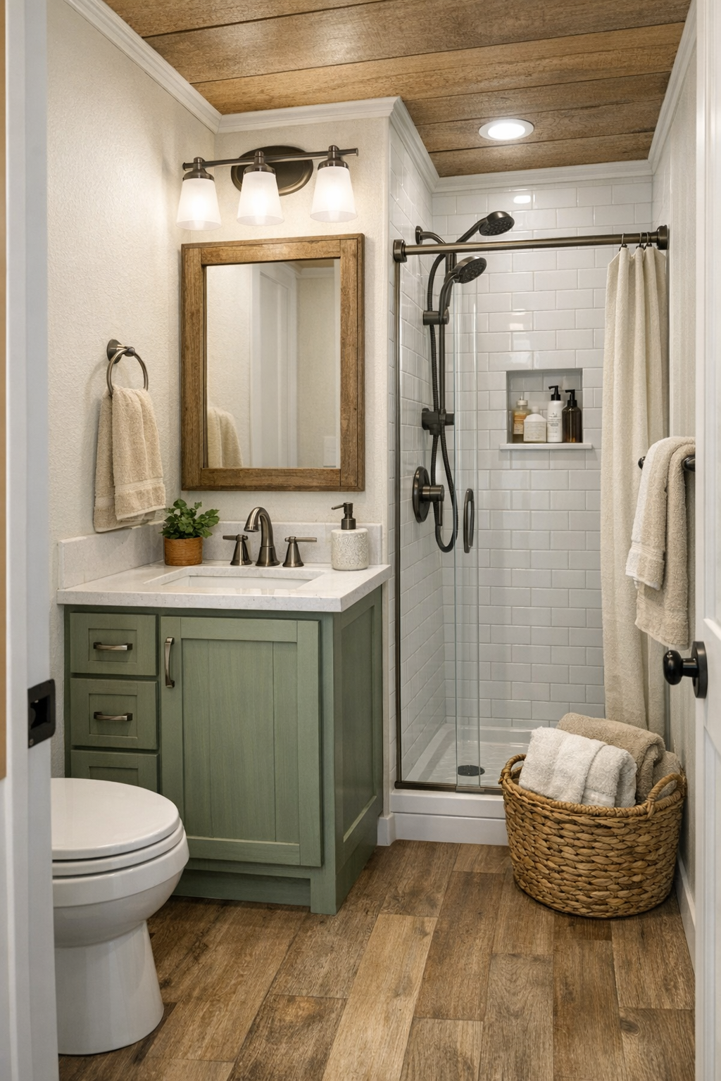 Compact craftsman bathroom with painted vanity, white tile, and simple warm finishes
