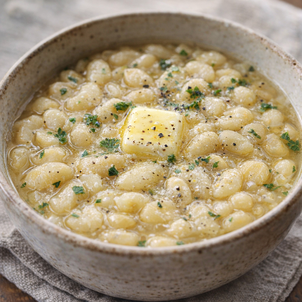 Close-up angled shot of lima beans topped with butter and herbs