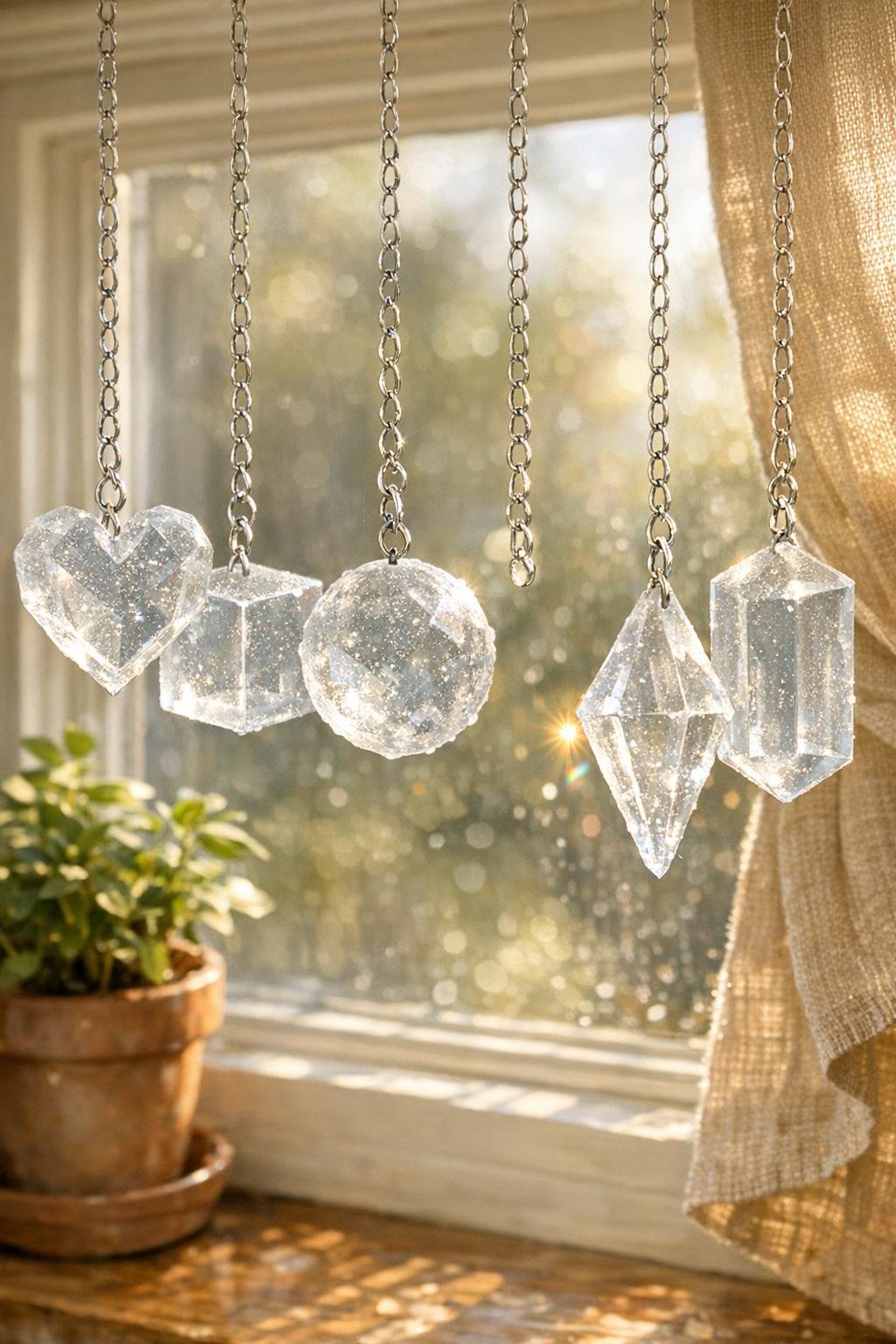 Finished faux crystal suncatchers hanging in a sunny window