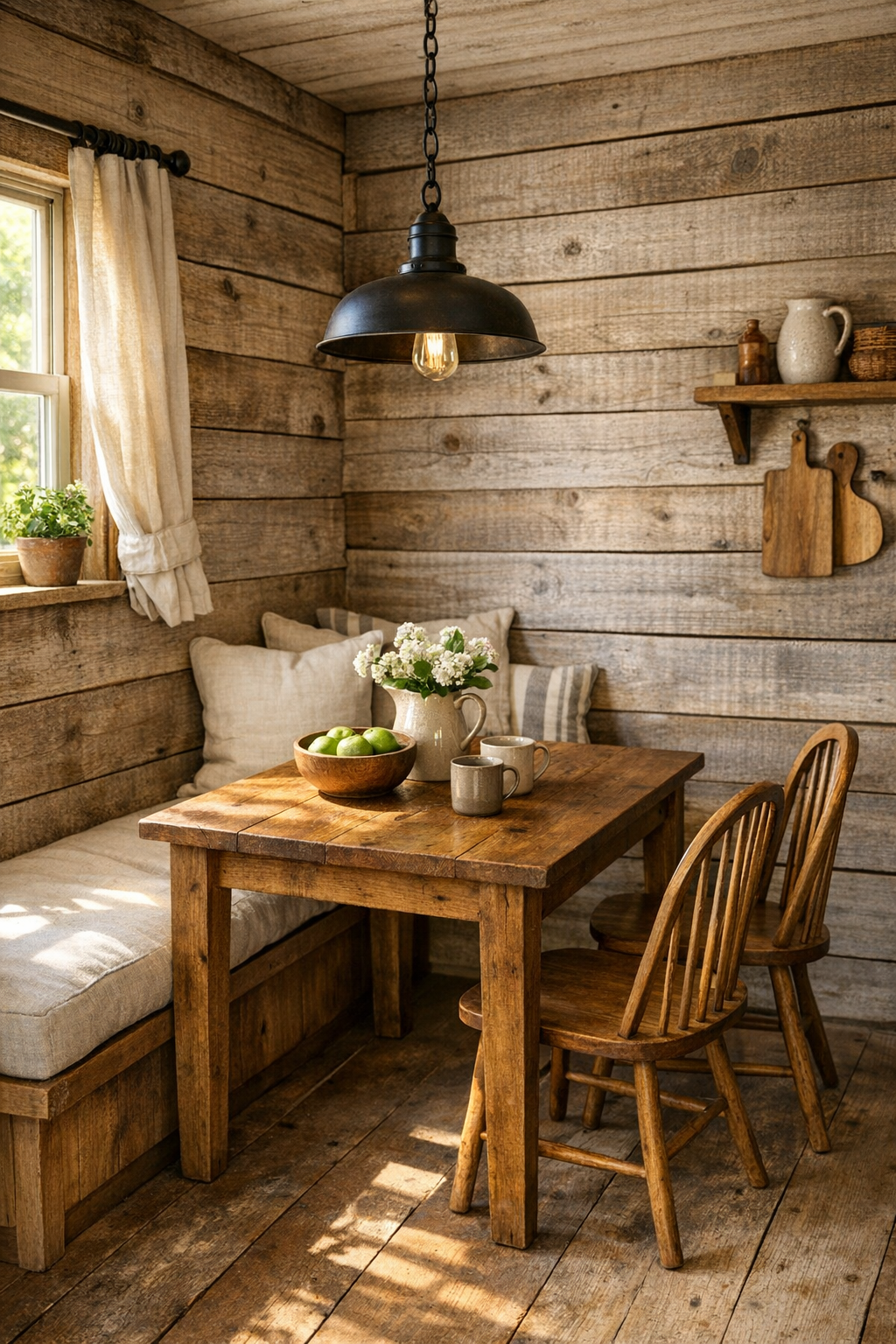 Small handcrafted dining area with solid wood table, built-in bench, and barn-style finishes