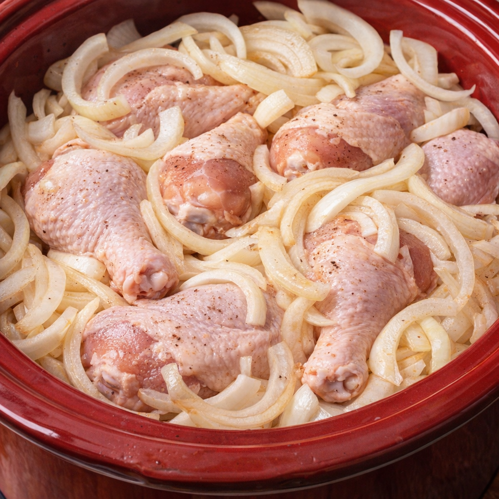 Layered chicken and onions in the slow cooker before cooking