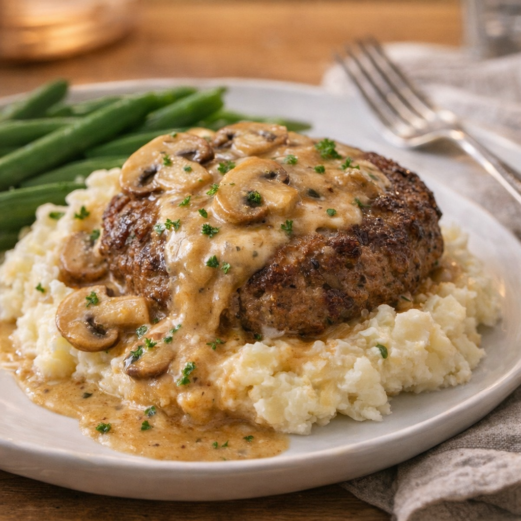 Poor man's steak served over mashed potatoes with gravy