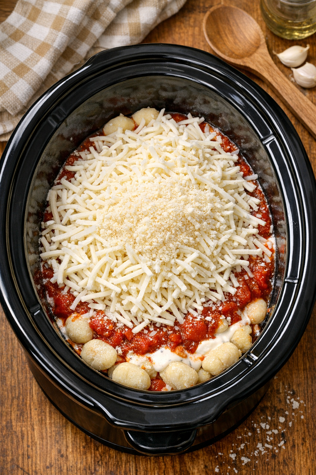 Cheese added to gnocchi mixture in slow cooker