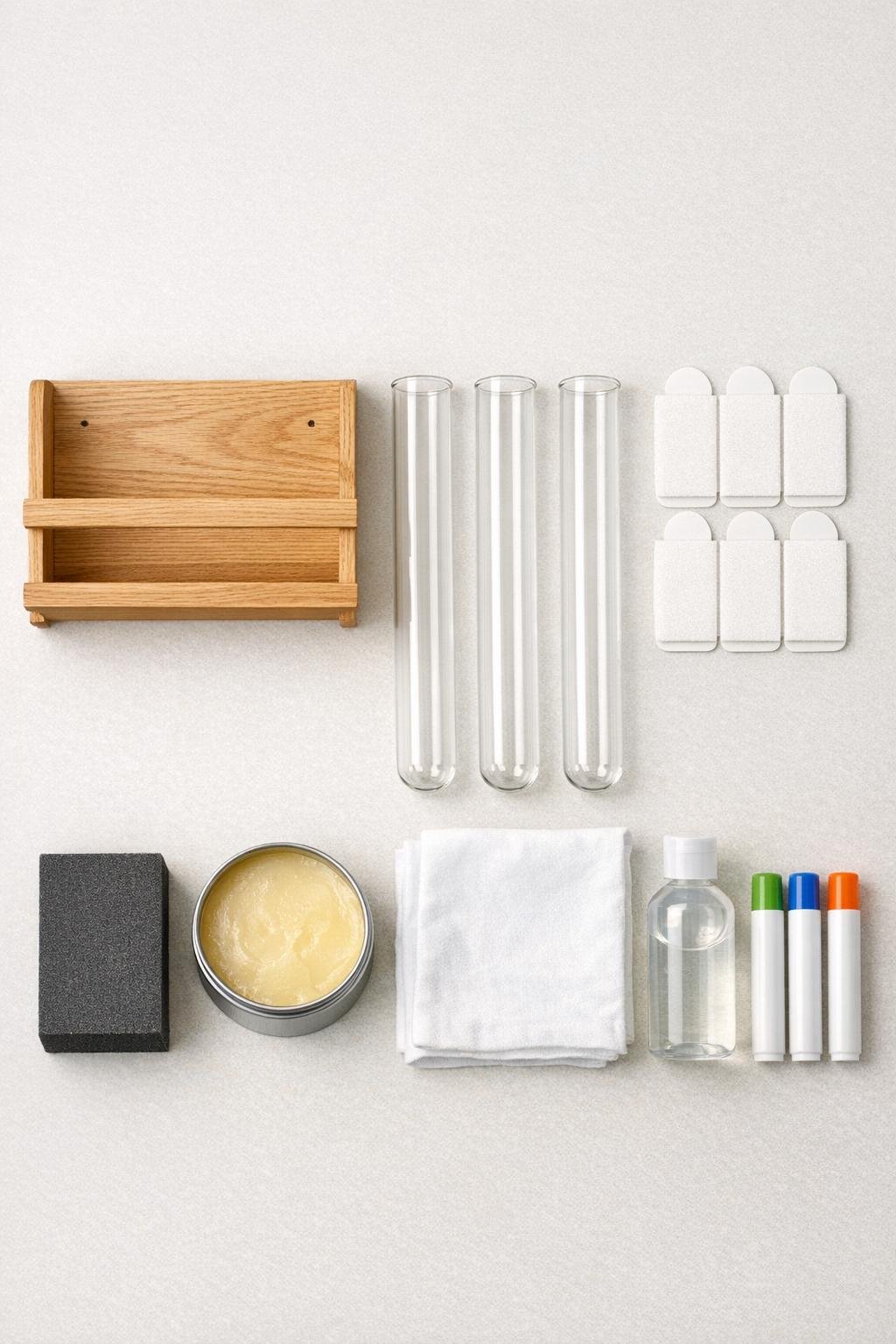 Materials for a wall-mounted laundry room stain stick holder laid out together
