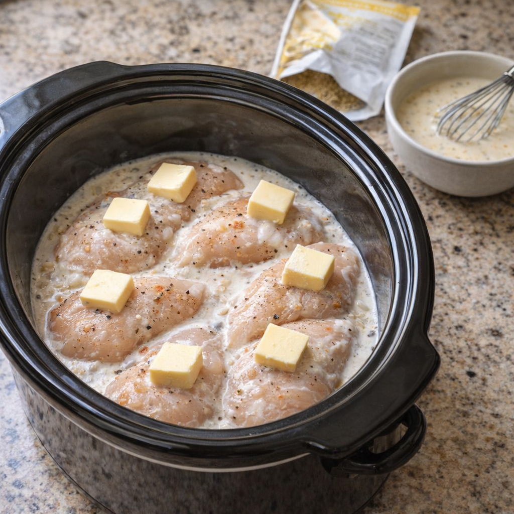 Slow cooker filled with chicken breasts, butter, and creamy sauce ingredients