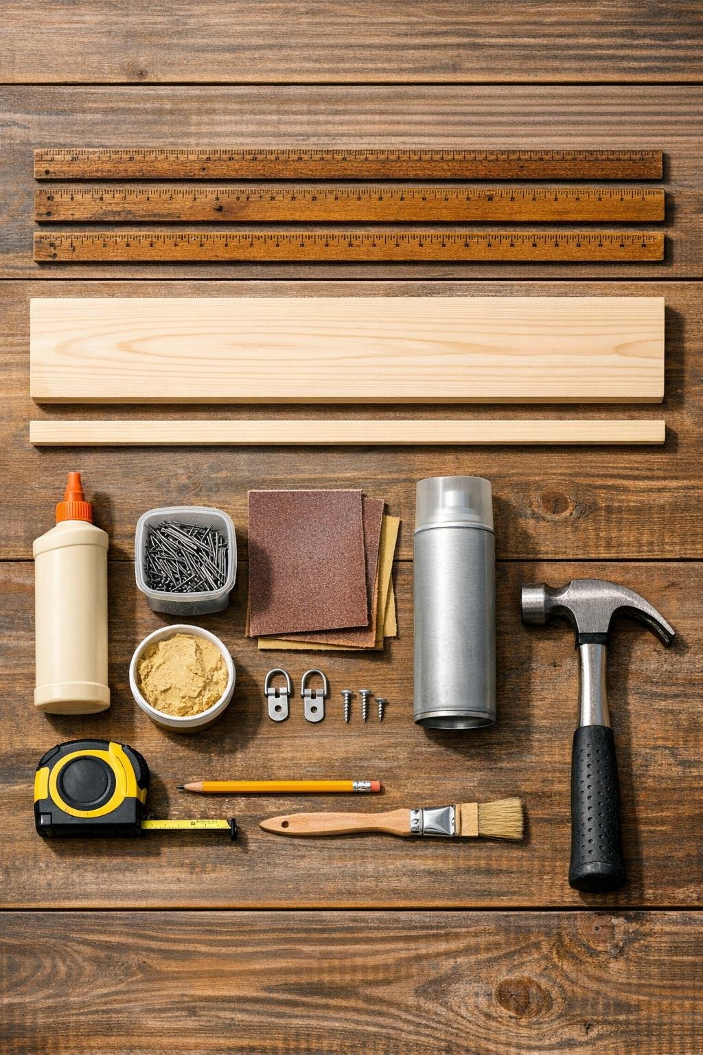 Materials for a yardstick autumn picture ledge laid out on a worktable