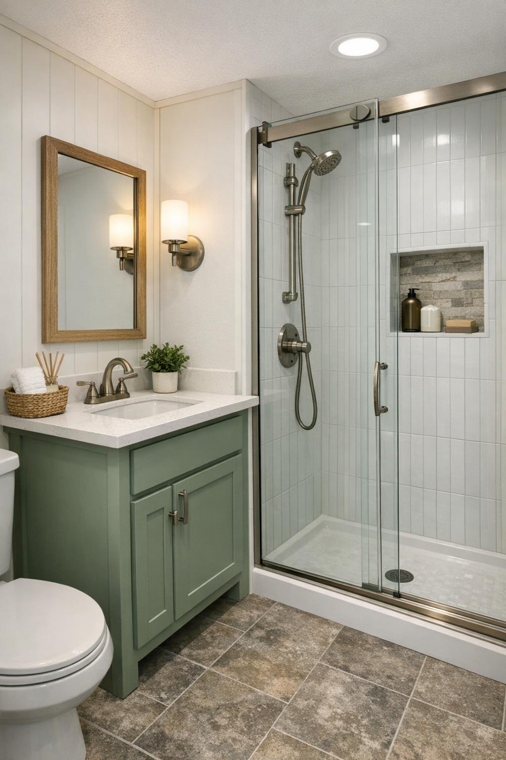 Compact cottage-style bathroom with a glass shower and sage vanity