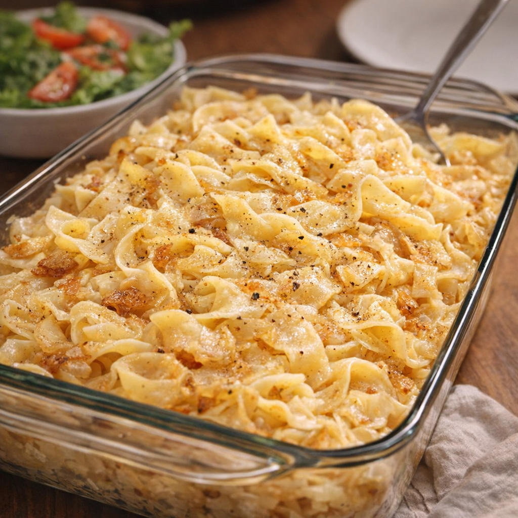 Finished cabbage and egg noodles in a glass casserole dish