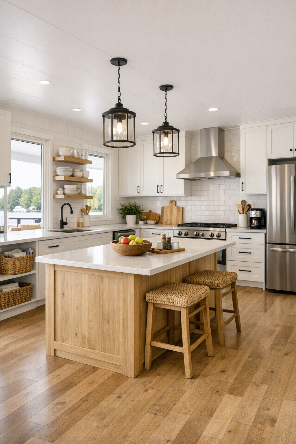 Farmhouse kitchen with warm white cabinets, oak island, and accessible open layout