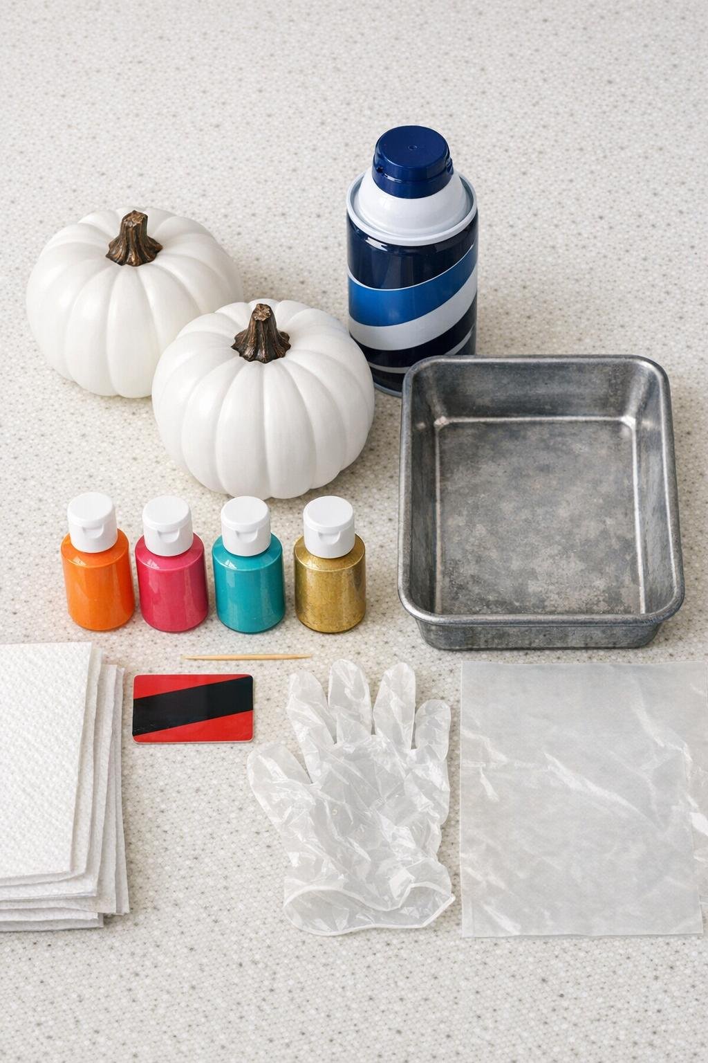 Materials for marbled shaving cream pumpkins laid out on a kitchen counter