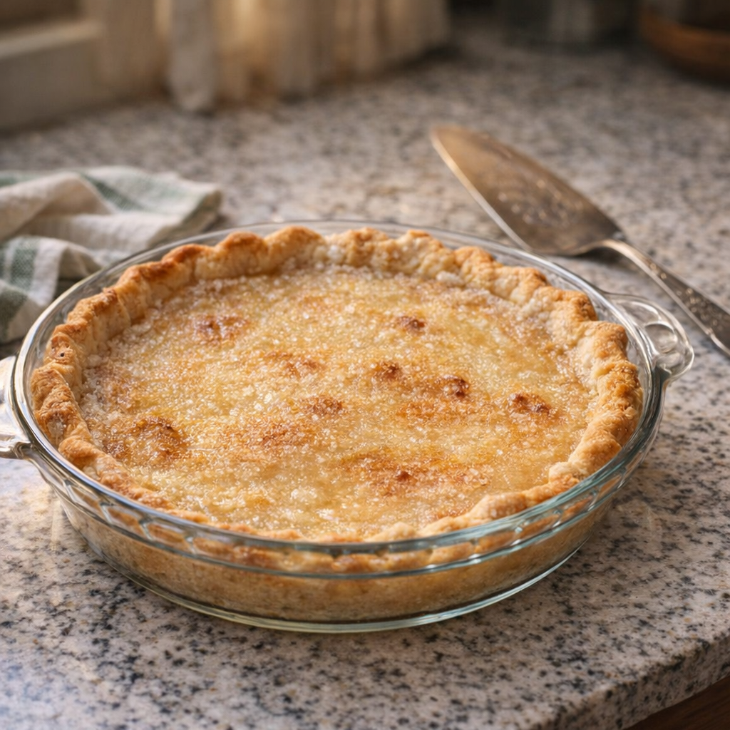Freshly baked water pie on a rural kitchen counter