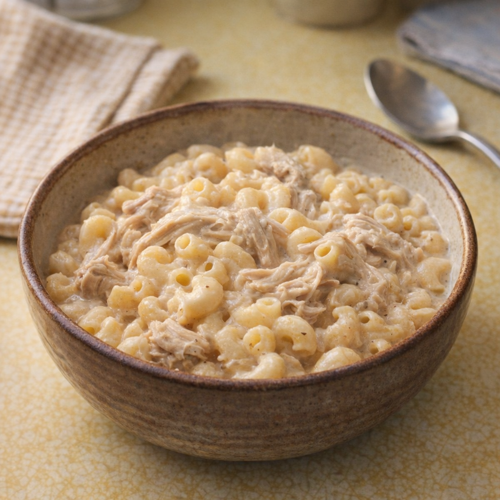 Slow cooker chicken and macaroni served in a rustic bowl