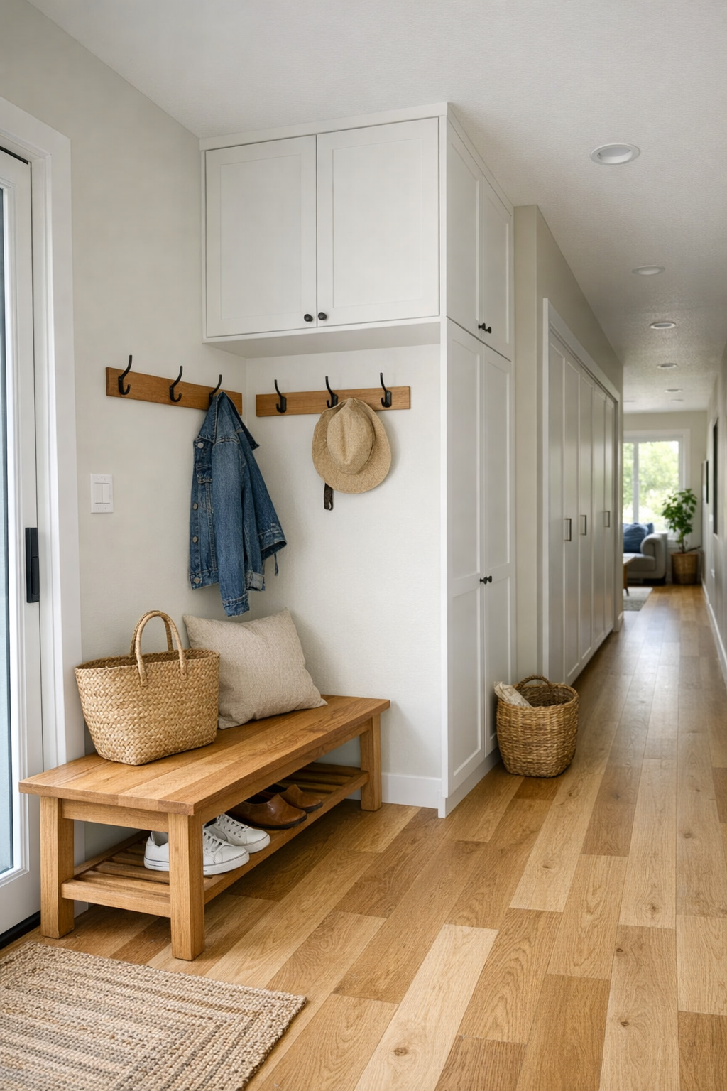 Functional entry and hallway area with built-in storage, warm wood finishes, and bright light