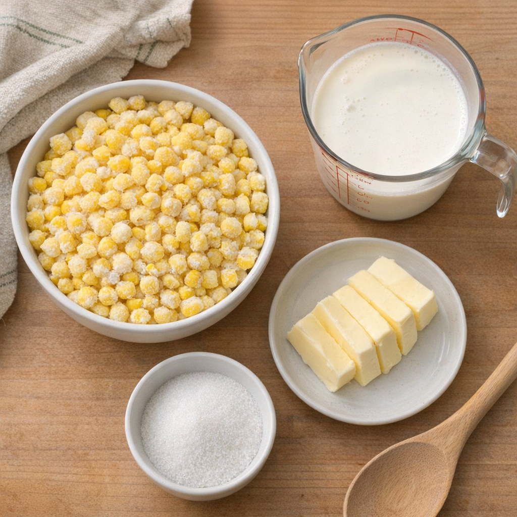 Measured ingredients for creamed corn arranged on a kitchen counter