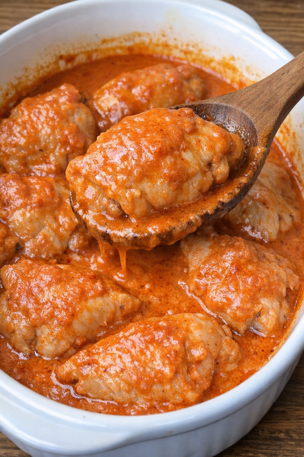 Chicken paprikash in a white oval casserole dish