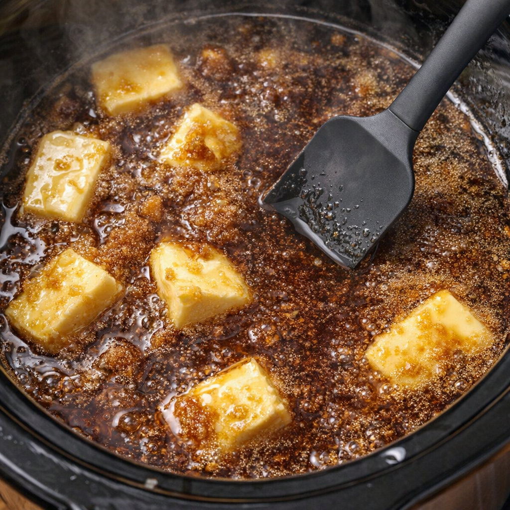 Brown sugar butter and rum melting into syrup in a slow cooker