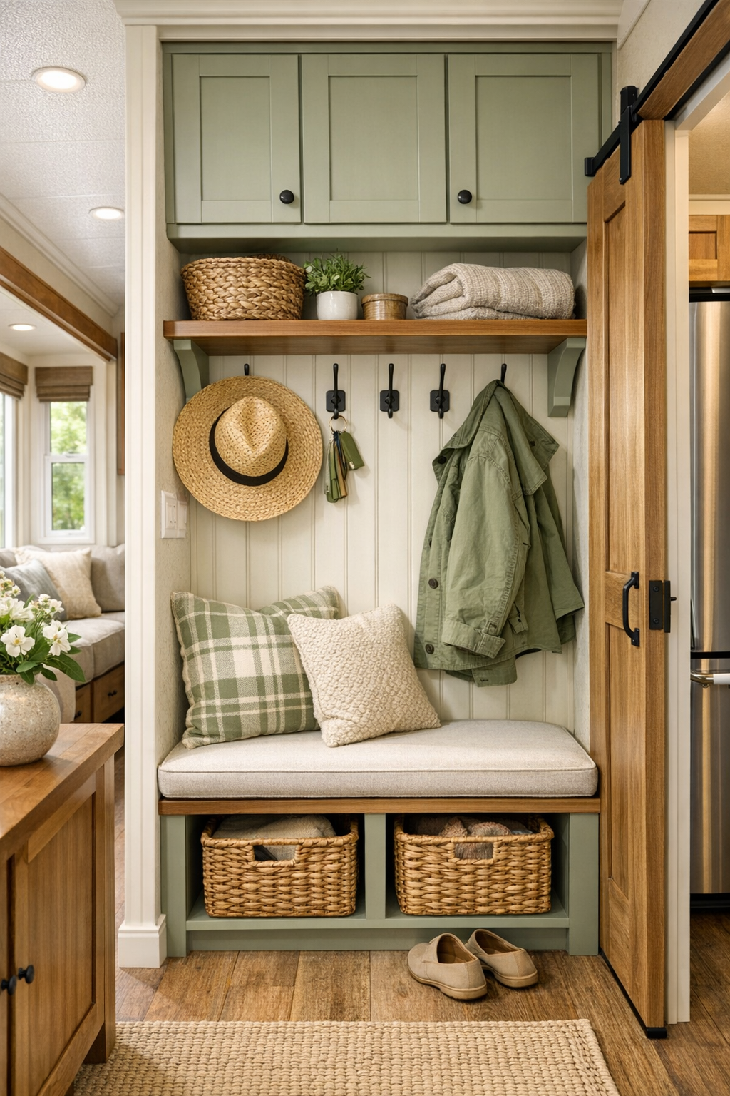 Thoughtful cottage entry and built-in storage area with cozy details