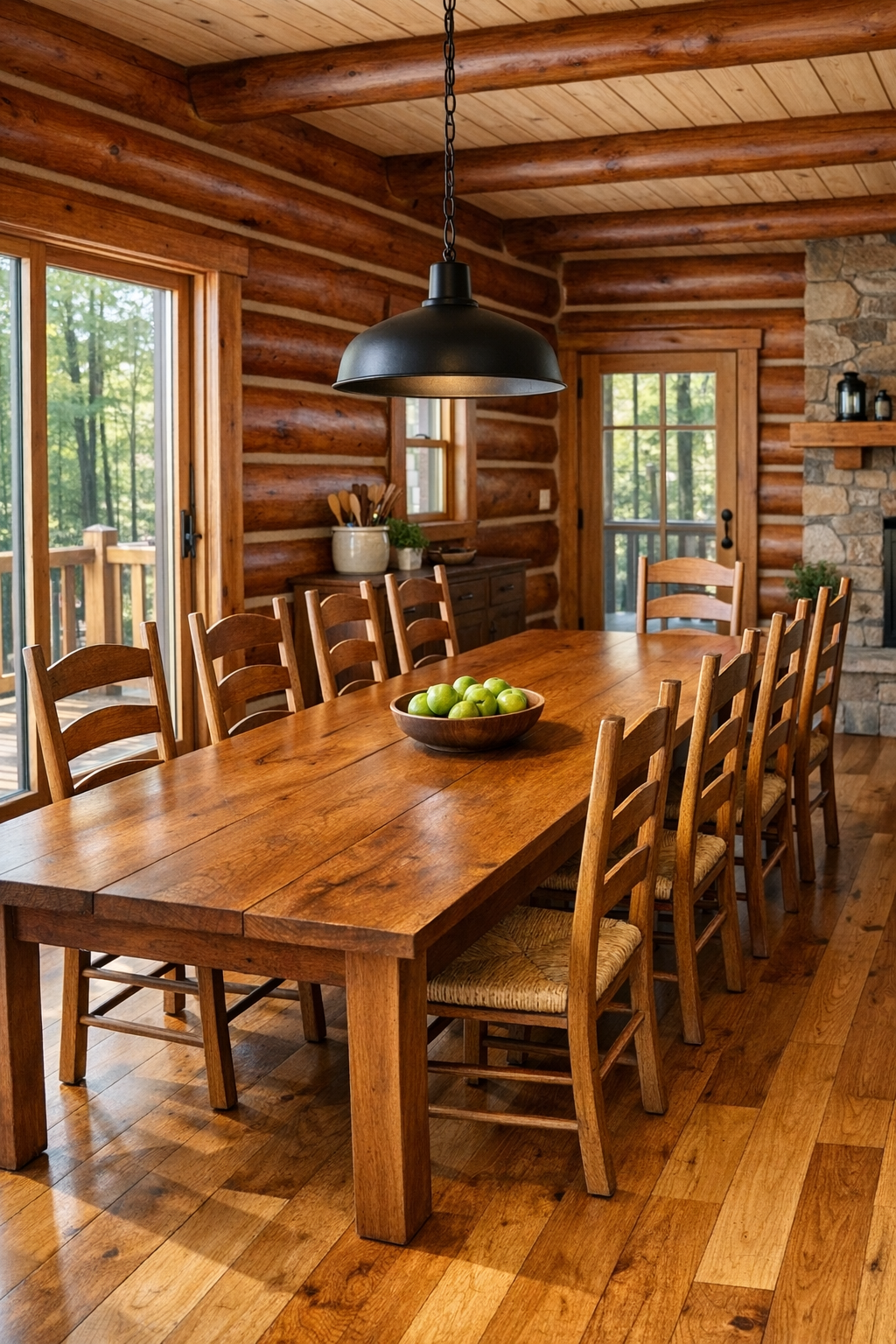 Dining room with a solid wood table, Amish-style chairs, and warm cherry tones