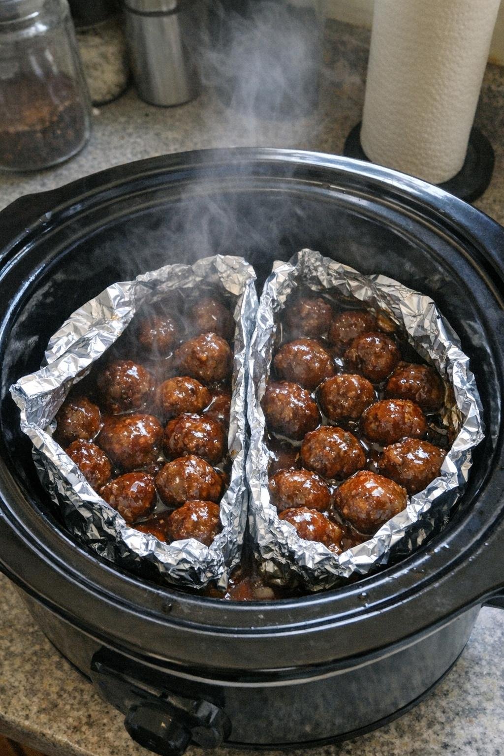 Honey garlic meatballs in foil boats