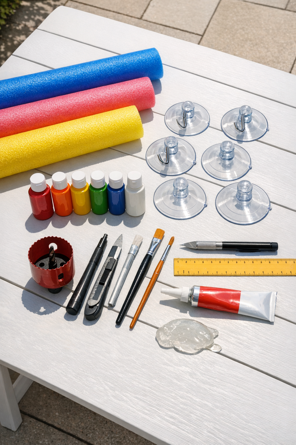Colorful pool noodles, suction cups, paint, and cutting tools laid out for the project