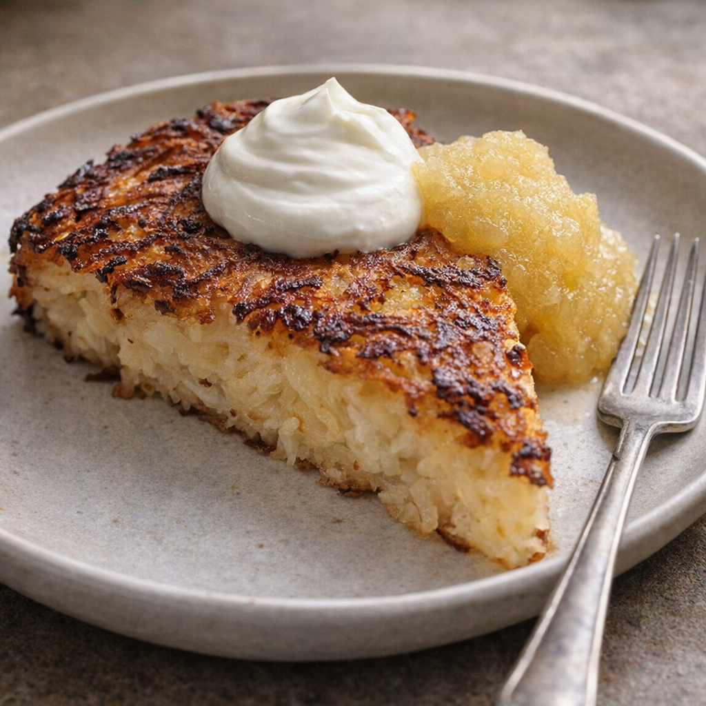 Potato pancake wedge plated with sour cream and applesauce