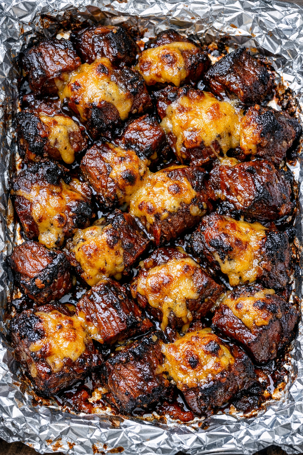 Low carb 3-ingredient brisket bites on a foil tray