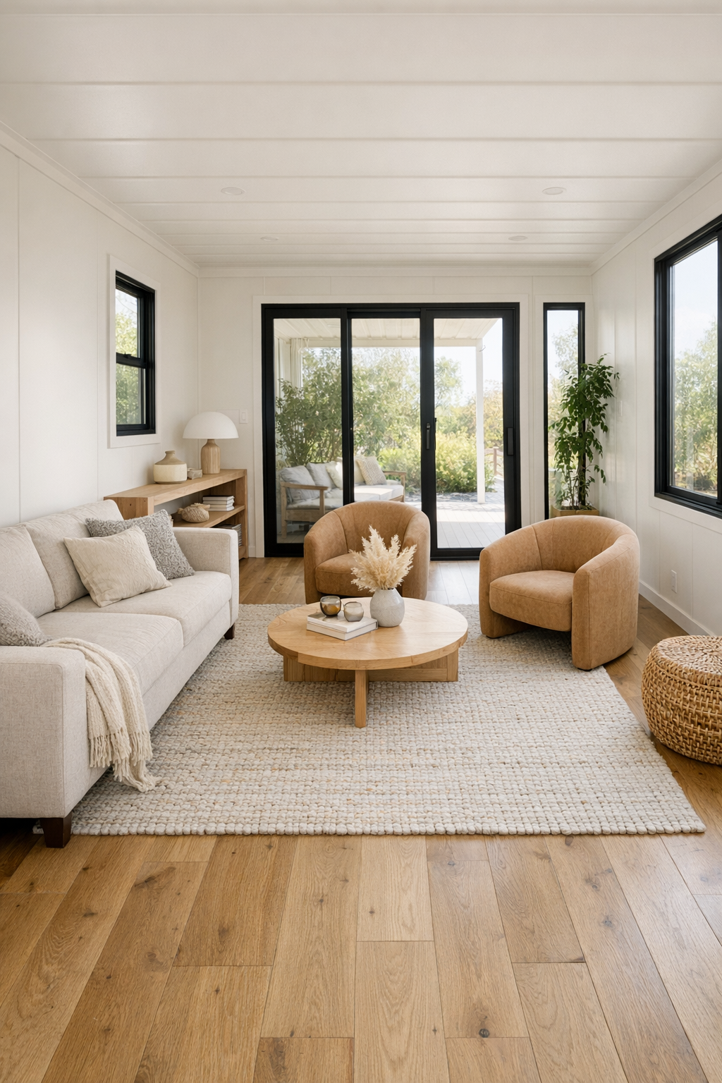Sunlit accessible living room with ivory walls, oak floors, and soft neutral seating
