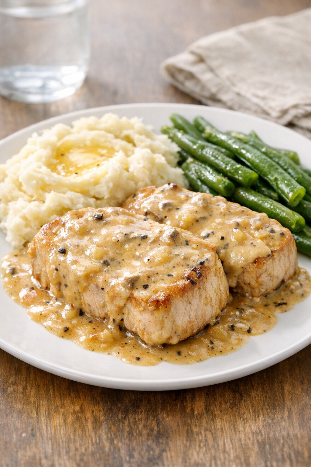 Plated slow cooker pork chops with mashed potatoes and green beans