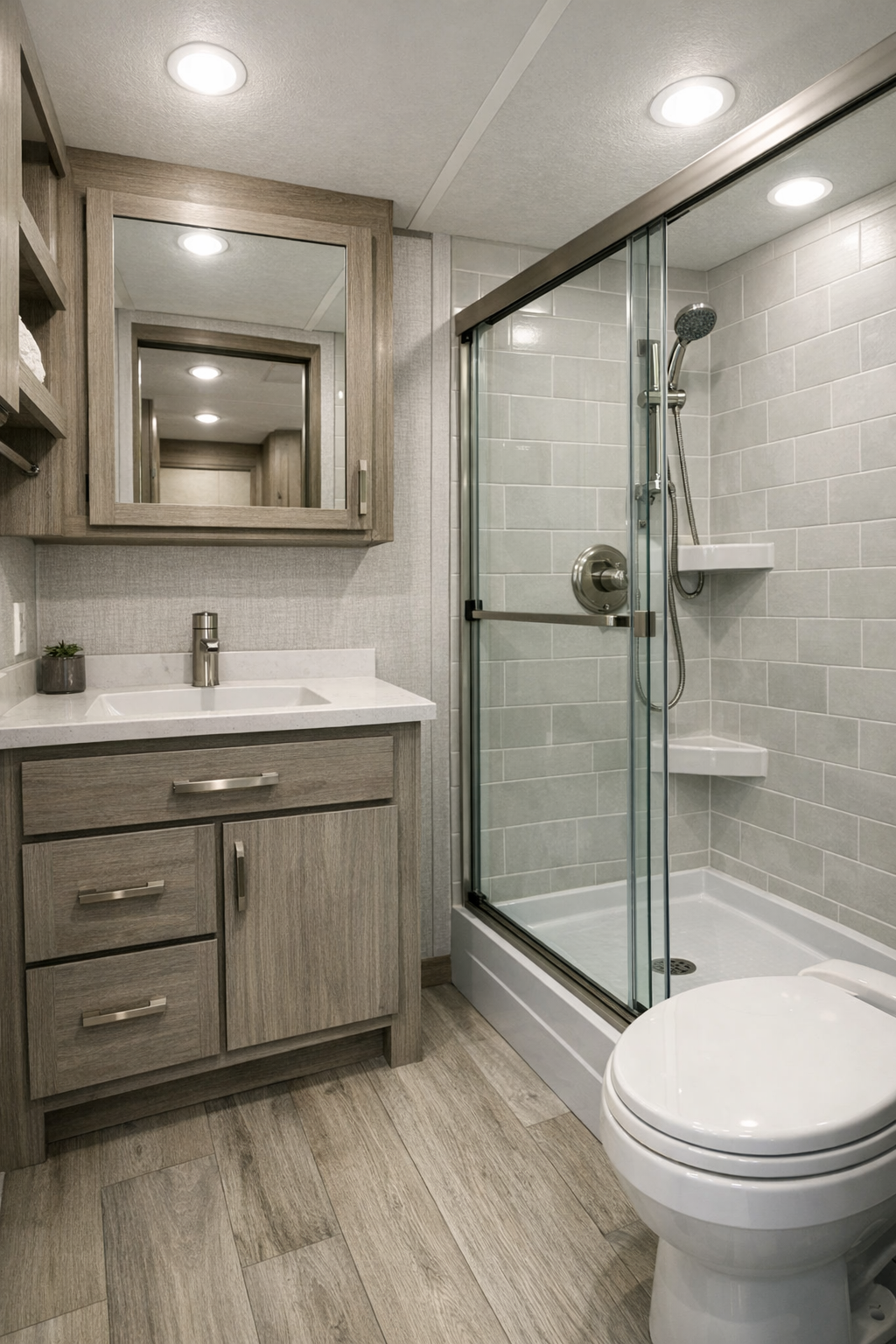 Compact modern bathroom with a sleek vanity, glass shower, and light tile finishes