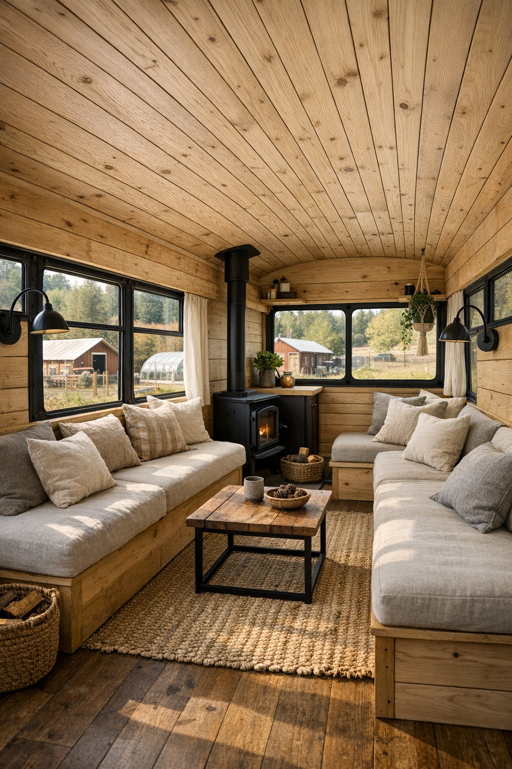 Cozy bus living room with built-in seating, light wood walls, and soft natural textiles