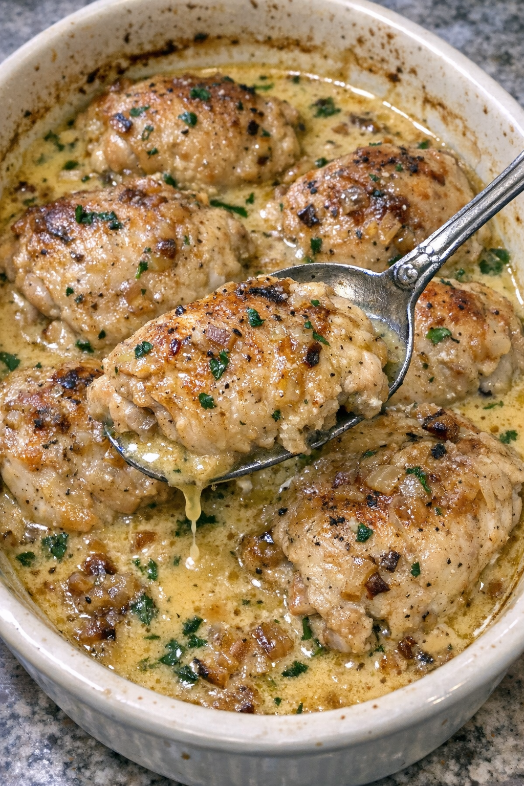 Baked chicken thighs in creamy golden sauce