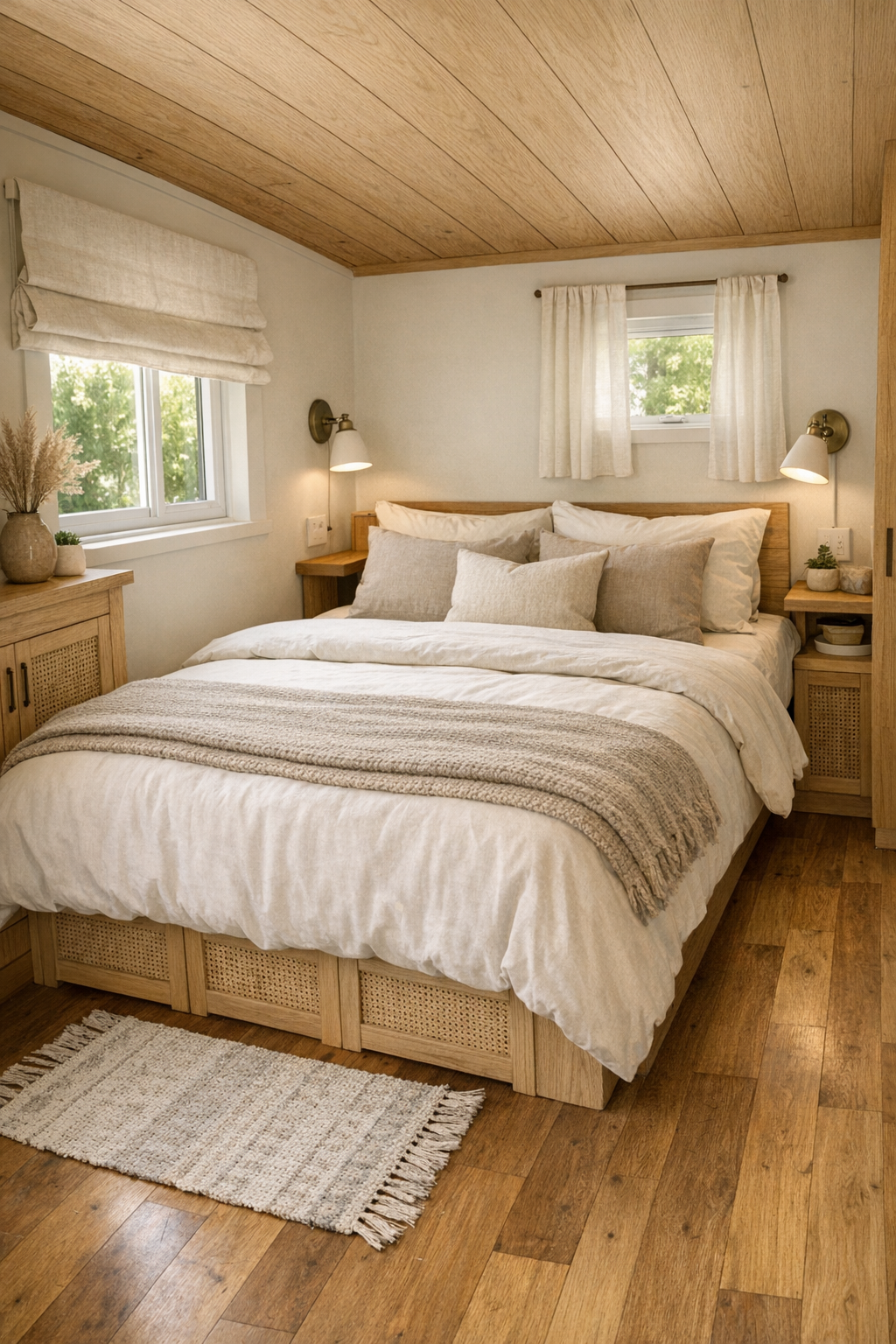 Calm tiny home bedroom with soft bedding, built-in storage, and soft willow details